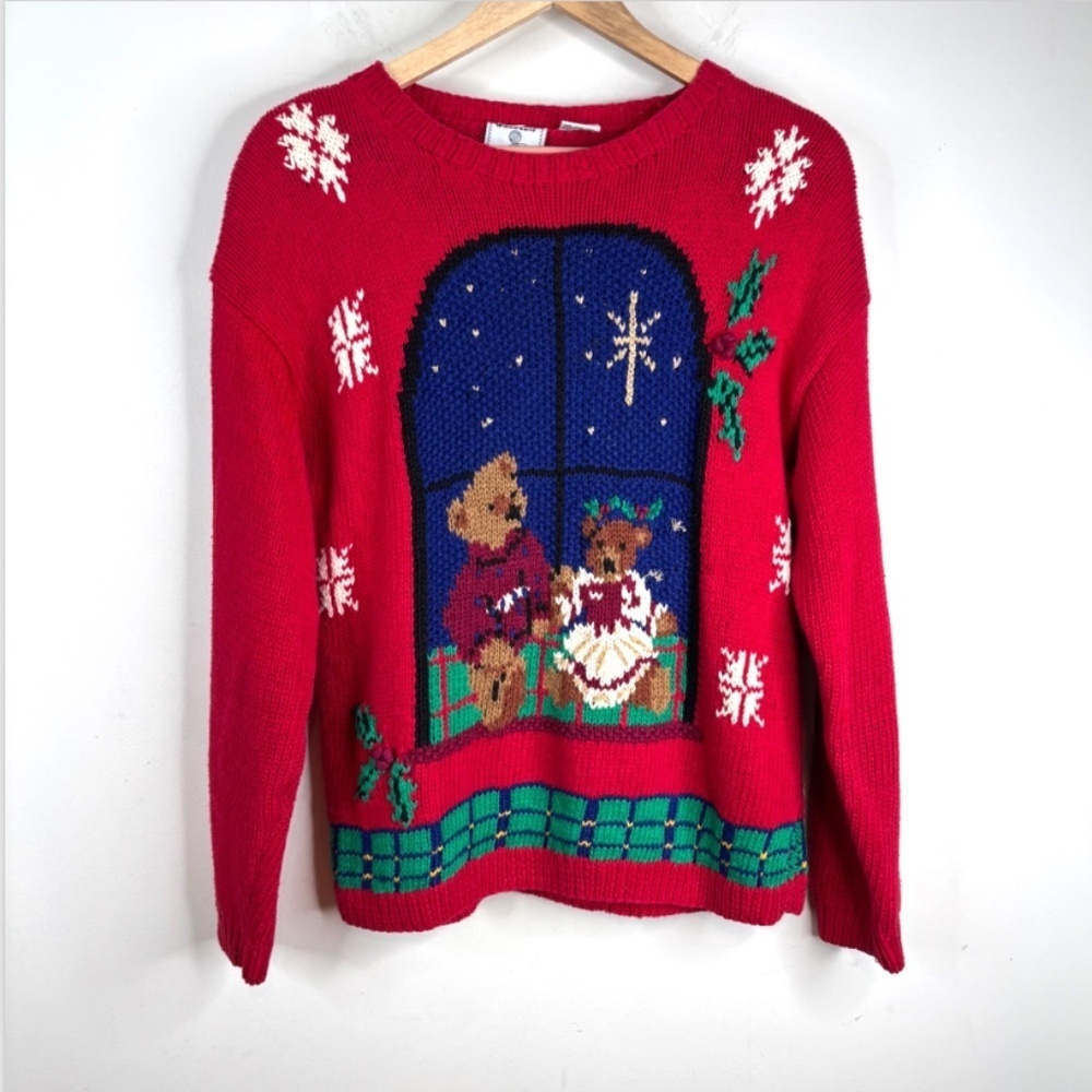 VTG 90s Lecomte Hand Knit Christmas Sweater M Teddy Bear AOP 3D Knit Red Granny